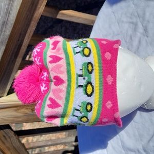Little girl's John Deere cap, pink, green tractors, pompom, ear flaps